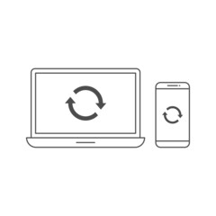 Laptop and smartphone sync or restart icon line vector
