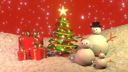 A 3D rendered illustration of christmas day in detail with gift box , christmas tree and group of snowman 