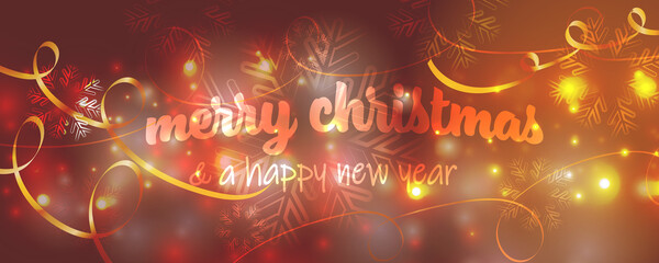 Merry Christmas and a Happy New Year. Christmas background with snowflakes and golden ribbons . With many light effects and luminous points.