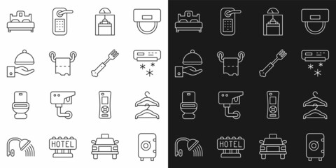 Set line Safe, Hanger wardrobe, Air conditioner, Lift, Toilet paper roll, Covered with tray, Bedroom and Fork icon. Vector