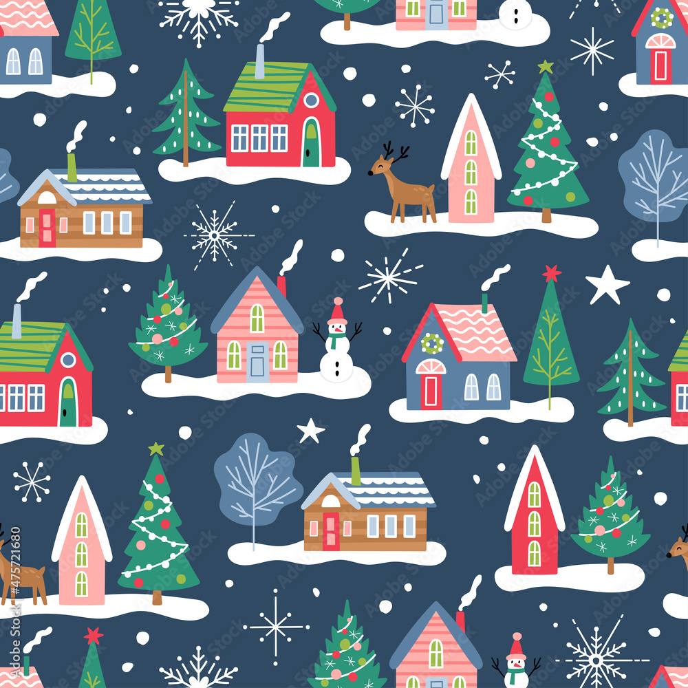 Wall mural seamless pattern for christmas holiday with cute houses and fir trees. childish background for fabri