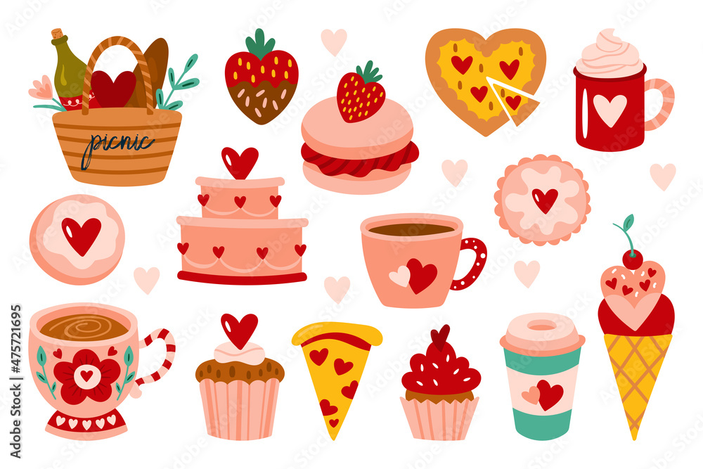 Wall mural valentines day cute food elements set. childish print for cards, stickers, apparel and banner design