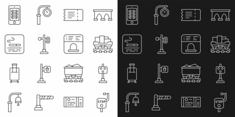 Set line Emergency brake, Train traffic light, Cargo train wagon, ticket, Smoking area, Buy online and Ticket office to buy tickets icon. Vector