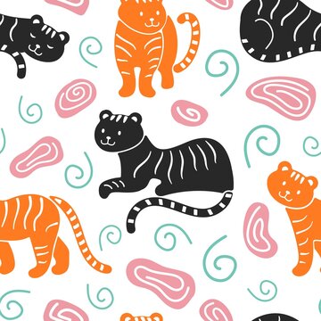Vector seamless tiger repetative pattern template with flowers.