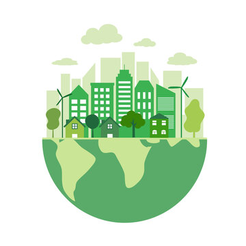 Sustainable Green Eco City On The Earth Planet In Flat Design Vector Illustration.