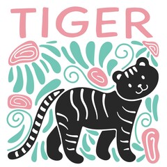 Fototapeta na wymiar stylized vector tiger stamp with abstract floral elements.
