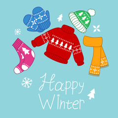Greeting card with hat, sweater, gloves, socks and scarf in cartoon design. Vector illustration for stickers, cards and decoration cover notebooks.