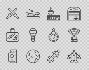 Set line Passport with ticket, Jet fighter, Airport control tower, Worldwide, Marshalling wands, Hot air balloon, Rocket and Router wi-fi signal icon. Vector