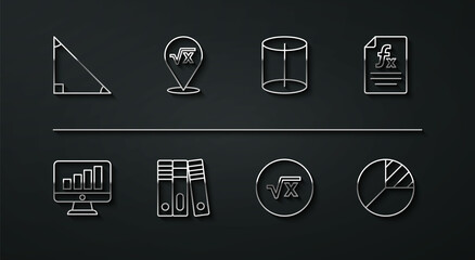 Set line Triangle math, Computer monitor with graph chart, Function mathematical symbol, Square root of x glyph, Office folders, Pie infographic and Geometric figure icon. Vector