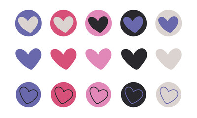 Set of cute heart icons in muted very peri color palette. Modern romantic hearts variety in purple and pink.