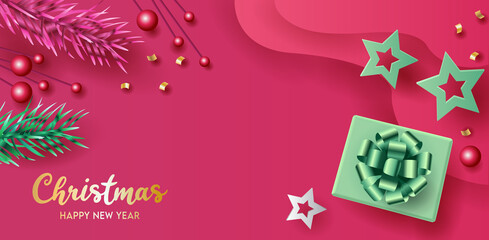 Vector Christmas banner for on sale holiday. Happy new year background and cute elegant use for poster, headers website, card, have gift box, Star, and glitter gold confetti for decoration. pink tone