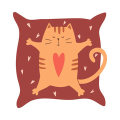 Cute cartoon cat with a heart on his stomach lies on a pillow with his paws spread out. A simple adorable character for Valentine's day greeting cards. Vector childish illustration isolated on white.