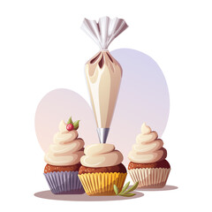 The process of baking cupcakes. Baking, bakery shop, cooking, sweet products, dessert, pastry concept. Isolated Vector illustration for poster, banner, cover, menu, advertising.