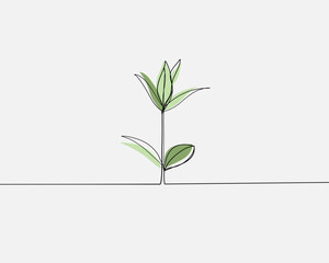 Continuous line, Young plant growing. Drawing of set Nature. (Vector illustration one line drawing)