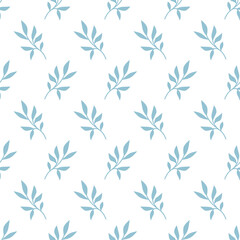 Seamless pattern of hand drawn blue leaves in simple style. Abstract trendy botanical background. Use for wallpaper, packaging paper, textiles. Vector illustration. 