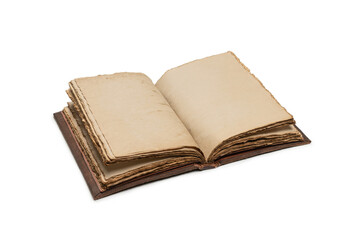 An open empty old notebook isolated on a white background.