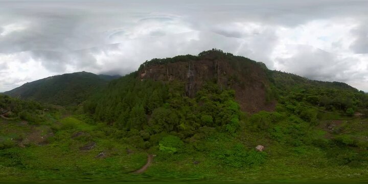 Waterfall in the rainforest view from above. Bambarakanda Falls, Sri Lanka. VR 360.