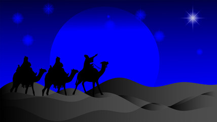 vector illustration, 3 wise men with camels in the desert, for banner background etc
