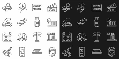 Set line Airplane window, Scale with suitcase, Airport control tower, Liquids carry-on baggage, Plane, Passenger ladder for boarding, search and Suitcase icon. Vector