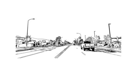 Obraz premium Building view with landmark of Logan is the city in Australia. Hand drawn sketch illustration in vector.