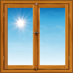 Realistic wooden window and blue sky with shining sun