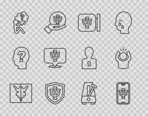Set line Rorschach test, Psychologist online, Psychology, Psi, Head with question mark, Metronome pendulum and Anger icon. Vector