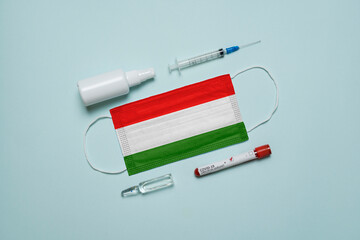 Blood tube for test detection of virus Covid-19 Omicron Variant with positive result, medicine mask...