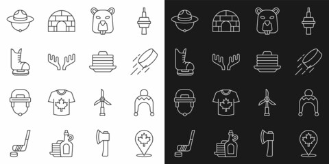 Set line Canadian maple leaf, Winter hat, Hockey puck, Beaver animal, Deer antlers, Skates, ranger and Stack of pancakes icon. Vector