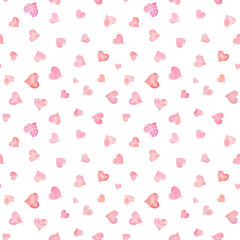 Watercolor seamless pattern with hearts isolated on white background. Hand drawn watercolor illustration.