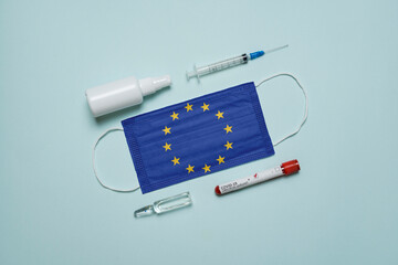 Blood tube for test detection of virus Covid-19 Omicron Variant with positive result, medicine mask...