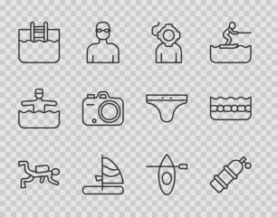 Set line Scuba diver, Aqualung, Windsurfing, Swimming pool with ladder, Photo camera, Kayak and paddle and icon. Vector