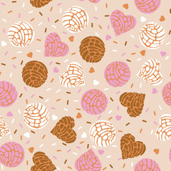 Cute Mexican cookies Concha ,Traditional Mexican Bread,seamless pattern Vector Illustration, Design for Valentines ,fashion , fabric, textile, wallpaper, cover, web , wrapping - 475728468