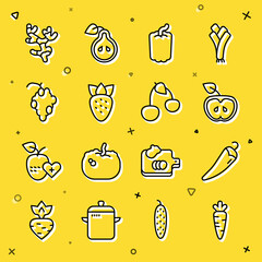 Set line Carrot, Hot chili pepper, Apple, Bell, Strawberry, Grape fruit, Ginger root and Cherry icon. Vector