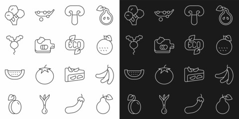 Set line Pear, Banana, Orange fruit, Mushroom, Cutting board with vegetables, Radish, Broccoli and Leaf Eco symbol icon. Vector