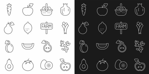 Set line Apple, Ginger root, Leek, Basket and food, Lemon, Pear, Carrot and Location farm icon. Vector