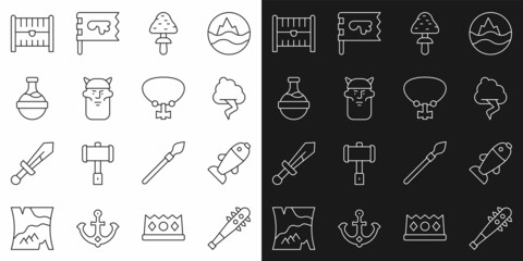 Set line Mace with spikes, Fish, Cloud and lightning, Mushroom, Viking head, Bottle potion, Antique treasure chest and Necklace gem icon. Vector