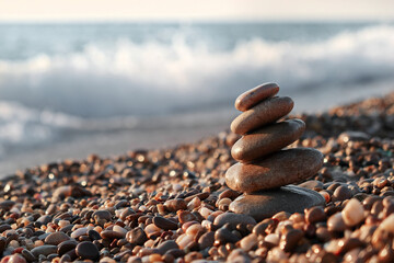 Balance of stones on the sea. Pebble pyramid at sunset. Sea waves in blur.
