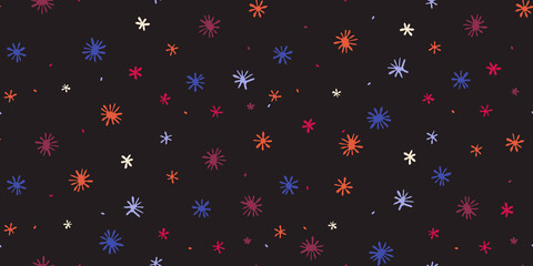Multicolored snowflakes on a dark background. Abstract pattern of stars.
