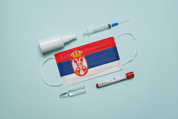 Blood tube for test detection of virus Covid-19 Omicron Variant with positive result, medicine mask...