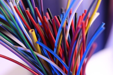 Color electric copper cables close-up.