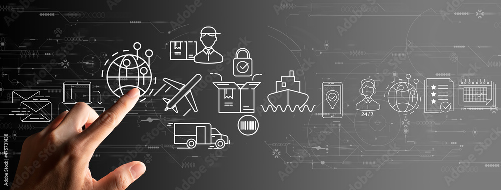 Poster Businessman hand using Digital computer of global logistics network distribution and transportation Ui, Smart logistics, Innovation future of transport on grey background.