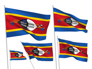Swaziland vector flags set. 5 different wavy fabric 3D flags fluttering on the wind. EPS 8 created using gradient meshes isolated on white background. Five design elements from world collection