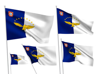 Azores vector flags set. 5 different wavy fabric 3D flags fluttering on the wind. EPS 8 created using gradient meshes isolated on white background. Five design elements from world collection