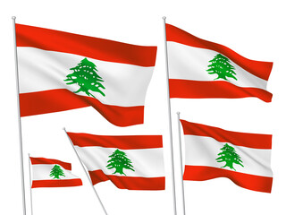 Lebanon vector flags set. 5 different wavy fabric 3D flags fluttering on the wind. EPS 8 created using gradient meshes isolated on white background. Five design elements from world collection
