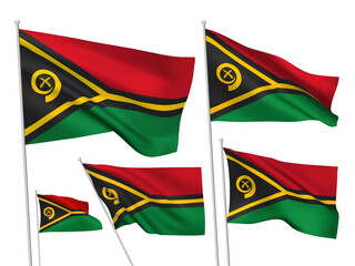 Vanuatu vector flags set. 5 different wavy fabric 3D flags fluttering on the wind. EPS 8 created using gradient meshes isolated on white background. Five design elements from world collection