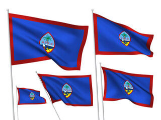 Guam vector flags set. 5 different wavy fabric 3D flags fluttering on the wind. EPS 8 created using gradient meshes isolated on white background. Five design elements from world collection