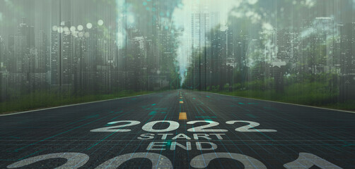 2022 new year or start straight concept.Virtual dashboardWord 2022 written on the asphalt...