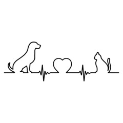 Illustration of a dog and a cat with a pulse and heart on a white background