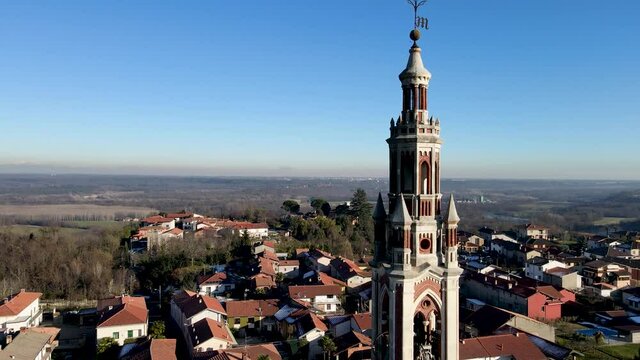 Aerial Drone . Landscape on the Bell Tower of Marano Ticino Italy