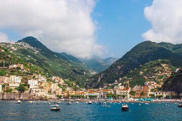 Fototapeta premium View of Minori on the vibrant Amalfi coast from a boat in the sea, Italy.